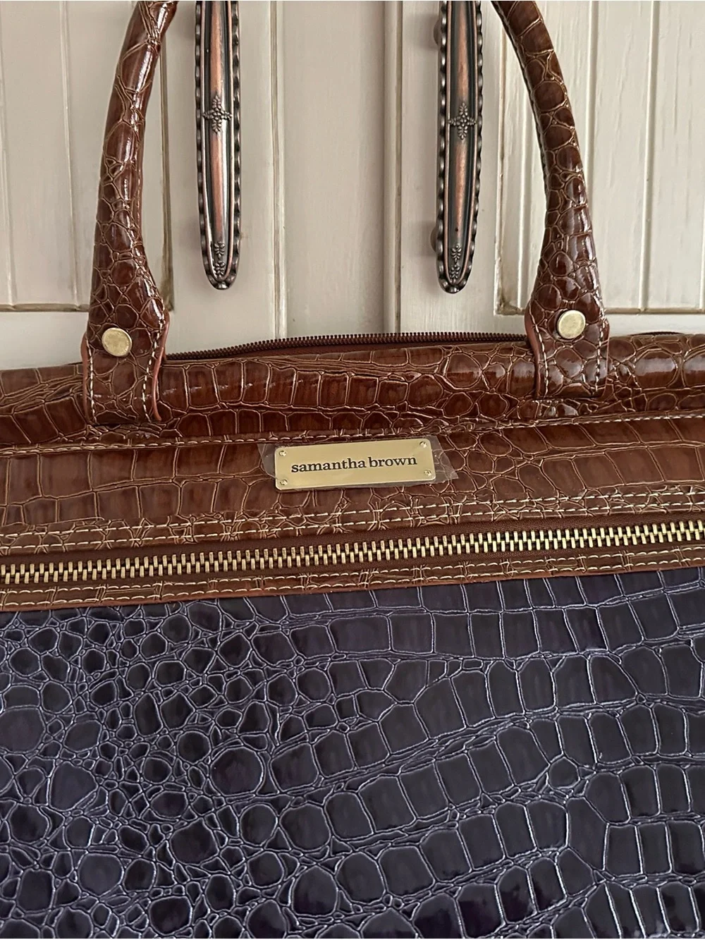 Croc-Embossed  Travel Tote in Dark Purple and Brown Trim by Samantha Brown